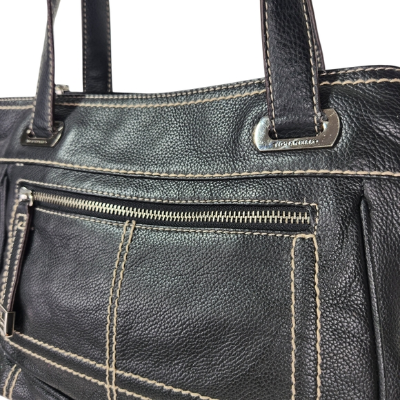 Tignanello Black Pebbled Leather Shoulder Bag Hobo Satchel White Contrast Stitch - Picture 6 of 16